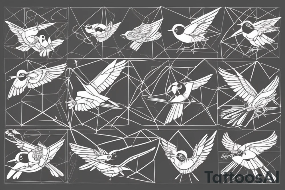 sketch geometric style robin bird mid-flight, dynamic, small amount of red accent tattoo idea
