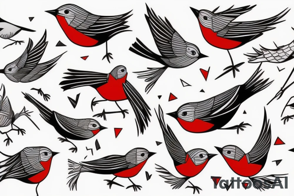 sketch geometric style robin bird mid-flight, dynamic, small amount of red accent tattoo idea