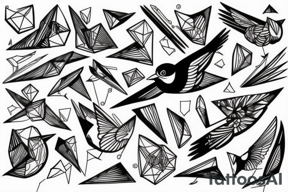 sketch geometric style robin bird mid-flight, dynamic, small amount of red accent tattoo idea