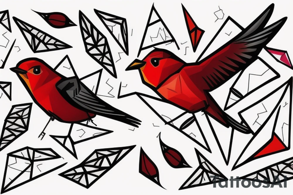 sketch geometric style robin bird mid-flight, dynamic, small amount of red accent tattoo idea