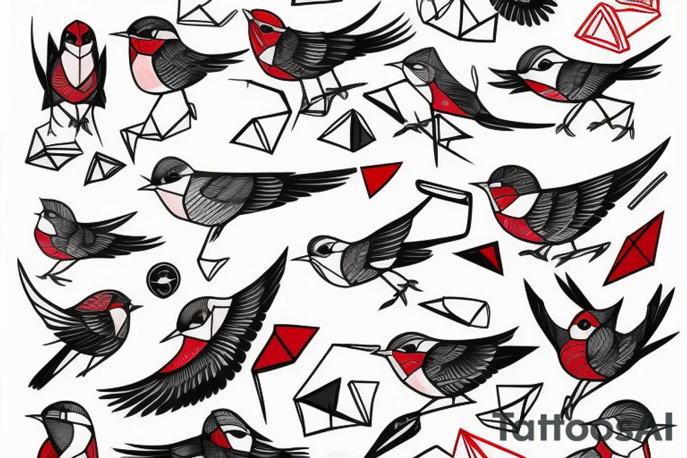 sketch geometric style robin bird mid-flight, dynamic, small amount of red accent tattoo idea