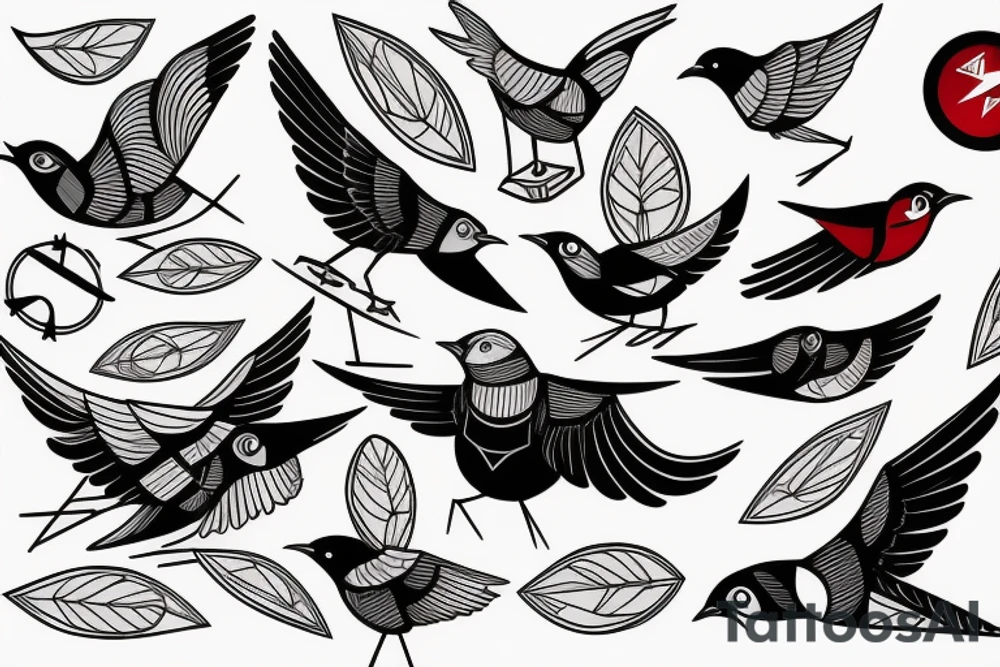 sketch geometric style robin bird mid-flight, dynamic, small amount of red accent tattoo idea