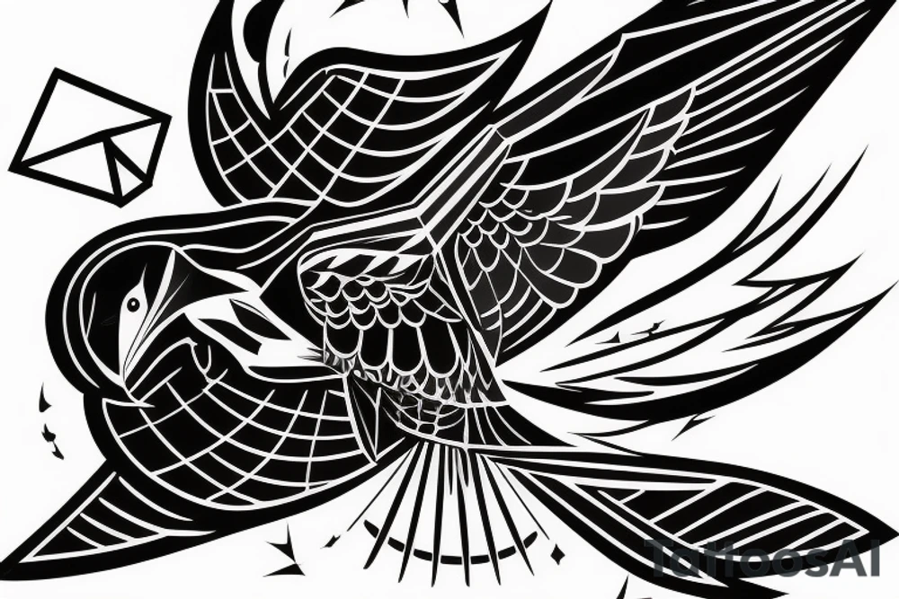 sketch geometric style robin bird mid-flight, dynamic, small amount of red accent tattoo idea