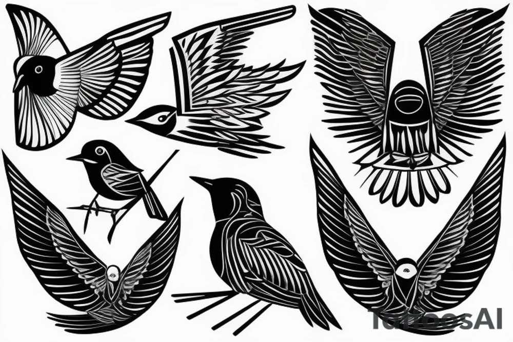 sketch geometric style robin bird mid-flight, dynamic, small amount of red accent tattoo idea