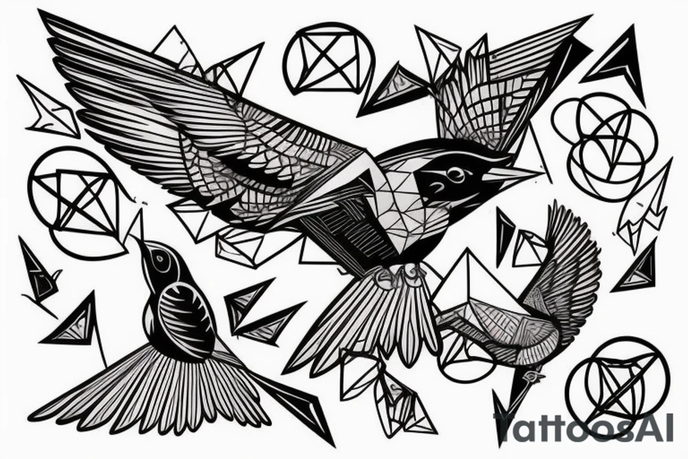 sketch geometric style robin bird mid-flight, dynamic, small amount of red accent tattoo idea