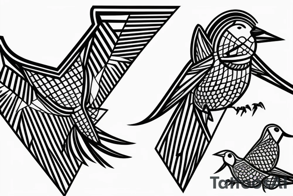 sketch geometric style robin bird mid-flight, dynamic, small amount of red accent tattoo idea