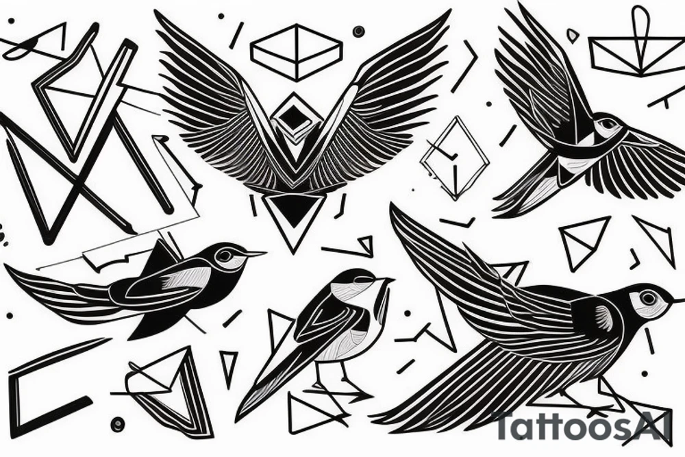 sketch geometric style robin bird mid-flight, dynamic, small amount of red accent tattoo idea