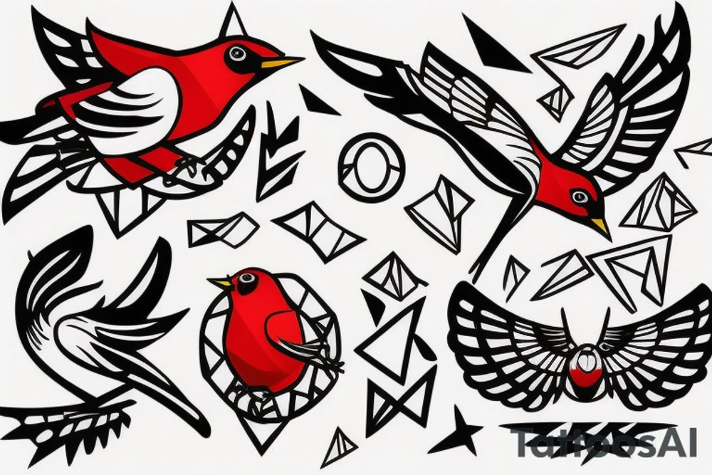 sketch geometric style robin bird mid-flight, dynamic, small amount of red accent tattoo idea