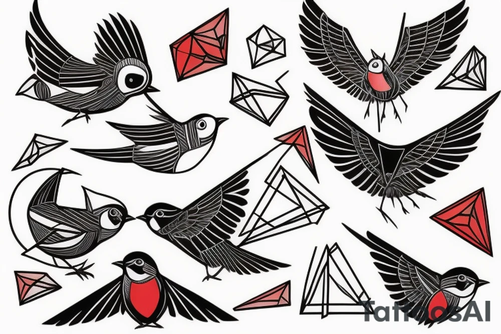sketch geometric style robin bird mid-flight, dynamic, small amount of red accent tattoo idea