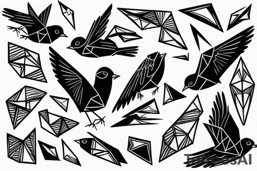 sketch geometric style robin bird mid-flight, dynamic, small amount of red accent tattoo idea