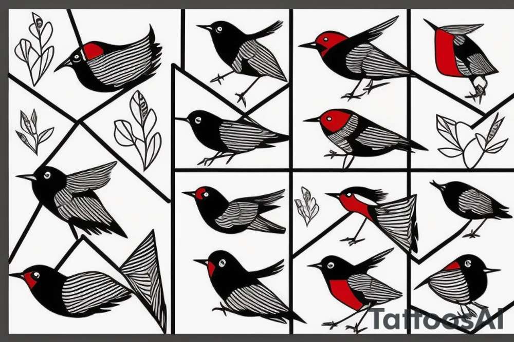 sketch geometric style robin bird mid-flight, dynamic, small amount of red accent tattoo idea