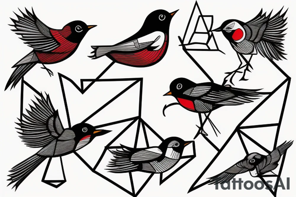 sketch geometric style robin bird mid-flight, dynamic, small amount of red accent tattoo idea