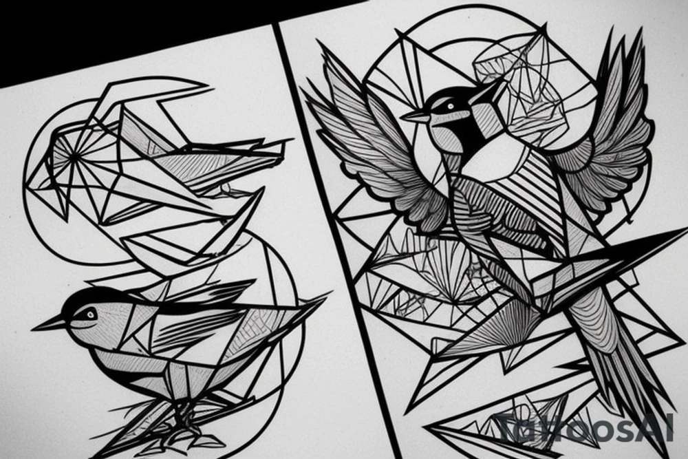 sketch geometric style robin bird mid-flight, dynamic, small amount of red accent tattoo idea
