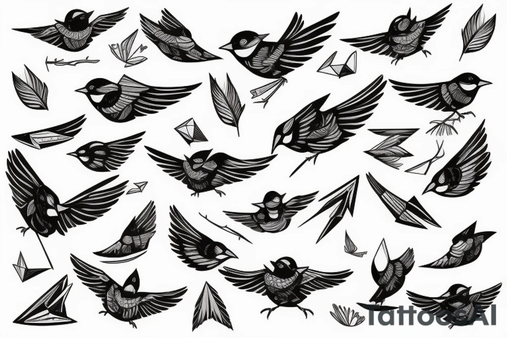 sketch geometric style robin bird mid-flight, dynamic, small amount of red accent tattoo idea