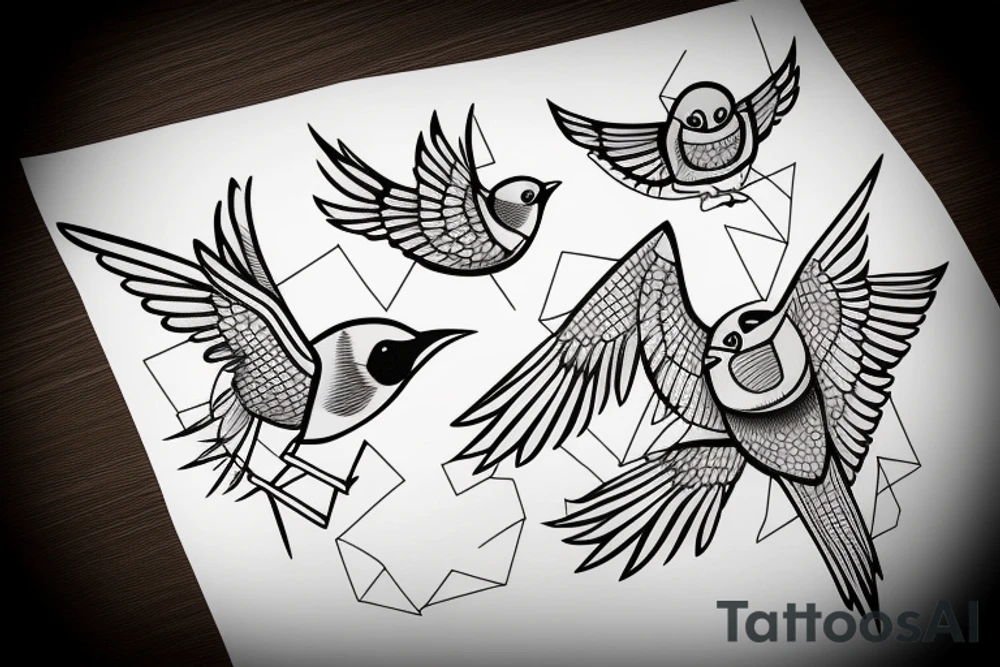 sketch geometric style robin bird mid-flight, dynamic, small amount of red accent tattoo idea