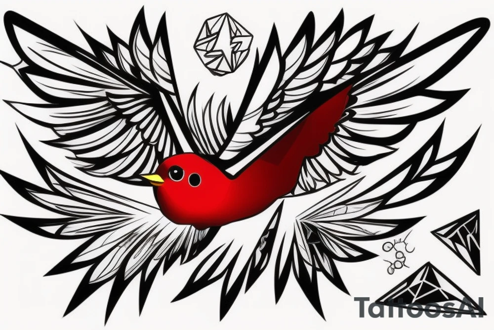 sketch geometric style robin bird mid-flight, dynamic, small amount of red accent tattoo idea