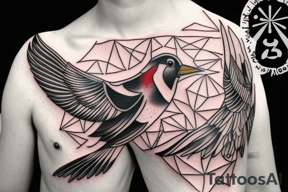 sketch geometric style robin bird mid-flight, dynamic, small amount of red accent tattoo idea