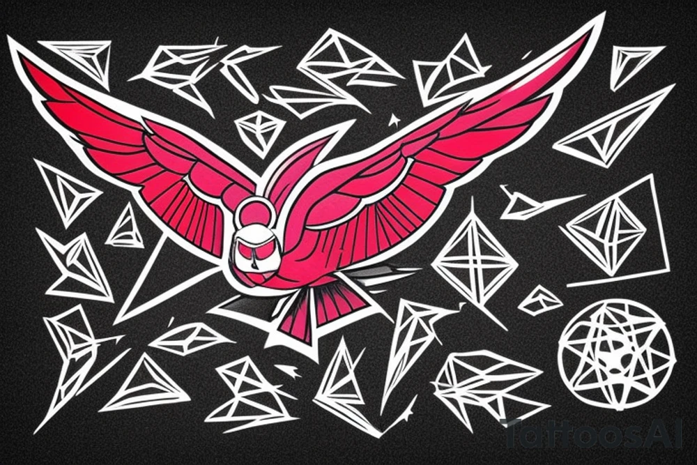 sketch geometric style robin bird mid-flight, dynamic, small amount of red accent tattoo idea