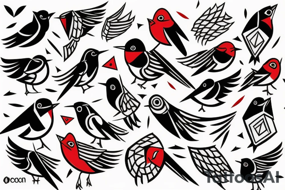 sketch geometric style robin bird mid-flight, dynamic, small amount of red accent tattoo idea