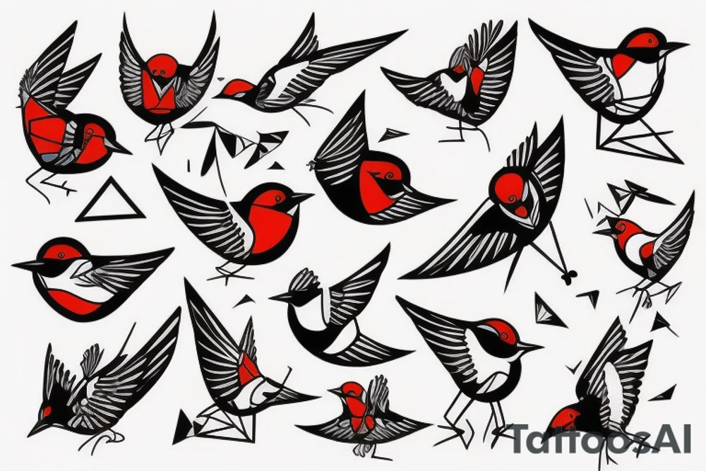 sketch geometric style robin bird mid-flight, dynamic, small amount of red accent tattoo idea