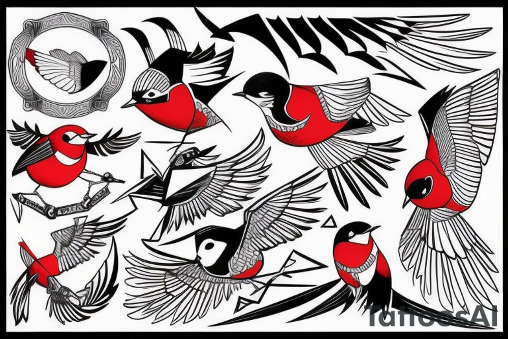 sketch geometric style robin bird mid-flight, dynamic, small amount of red accent tattoo idea