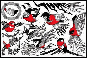 sketch geometric style robin bird mid-flight, dynamic, small amount of red accent tattoo idea