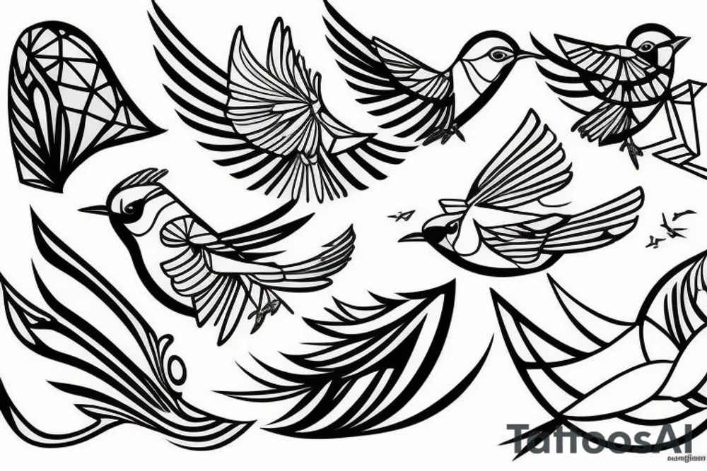 sketch geometric style robin bird mid-flight, dynamic, small amount of red accent tattoo idea