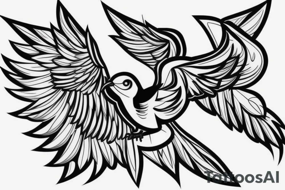 sketch geometric style robin bird mid-flight with spread wings, dynamic, small amount of red accent tattoo idea