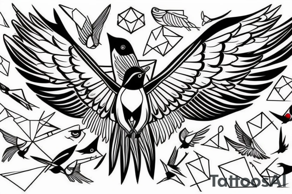 sketch geometric style robin bird mid-flight with spread wings, dynamic, small amount of red accent tattoo idea