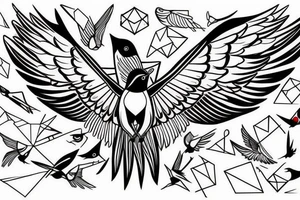 sketch geometric style robin bird mid-flight with spread wings, dynamic, small amount of red accent tattoo idea