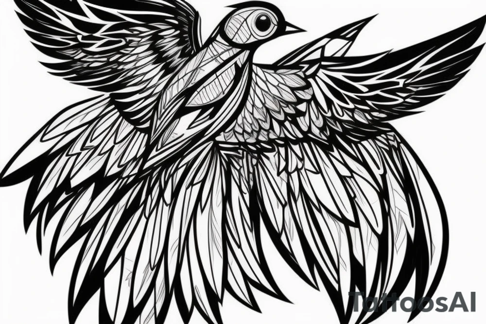 sketch geometric style robin bird mid-flight with spread wings, dynamic, small amount of red accent tattoo idea
