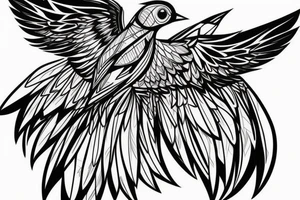 sketch geometric style robin bird mid-flight with spread wings, dynamic, small amount of red accent tattoo idea