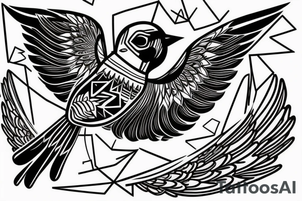 sketch geometric style robin bird mid-flight with spread wings, dynamic, small amount of red accent tattoo idea