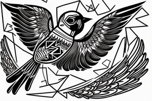sketch geometric style robin bird mid-flight with spread wings, dynamic, small amount of red accent tattoo idea