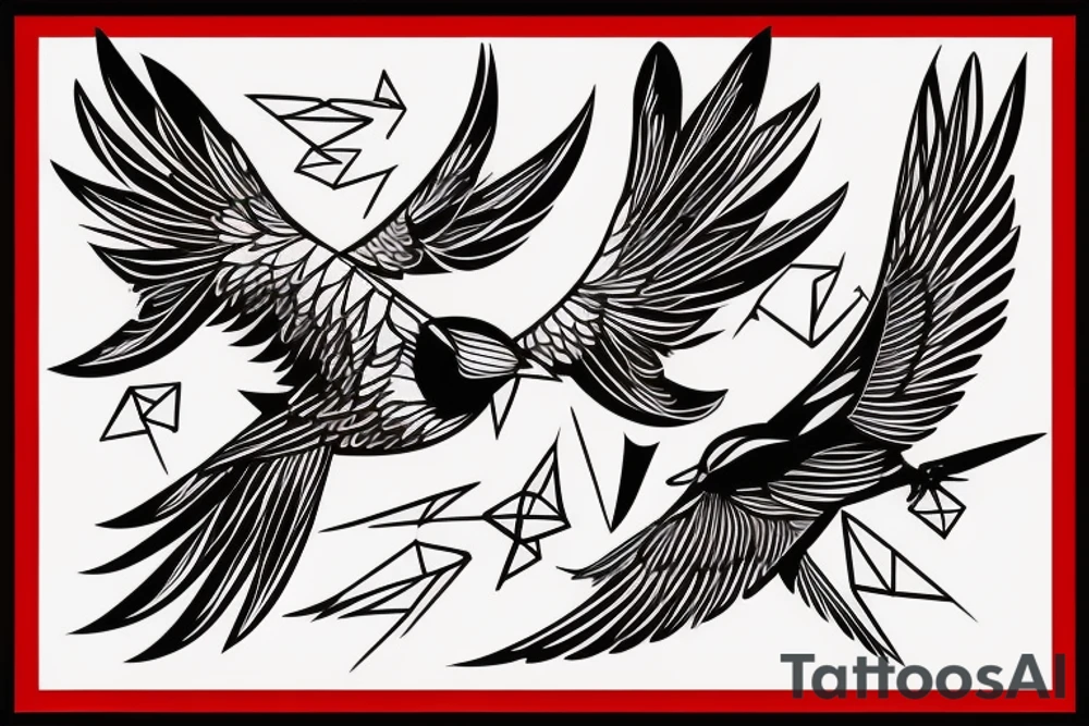 sketch geometric style robin bird mid-flight with spread wings, dynamic, small amount of red accent tattoo idea