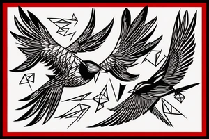 sketch geometric style robin bird mid-flight with spread wings, dynamic, small amount of red accent tattoo idea