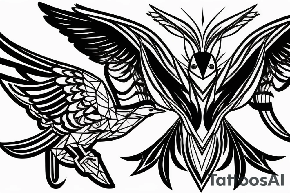 sketch geometric style robin bird mid-flight with spread wings, dynamic, small amount of red accent tattoo idea
