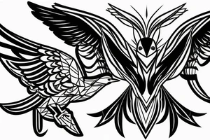 sketch geometric style robin bird mid-flight with spread wings, dynamic, small amount of red accent tattoo idea