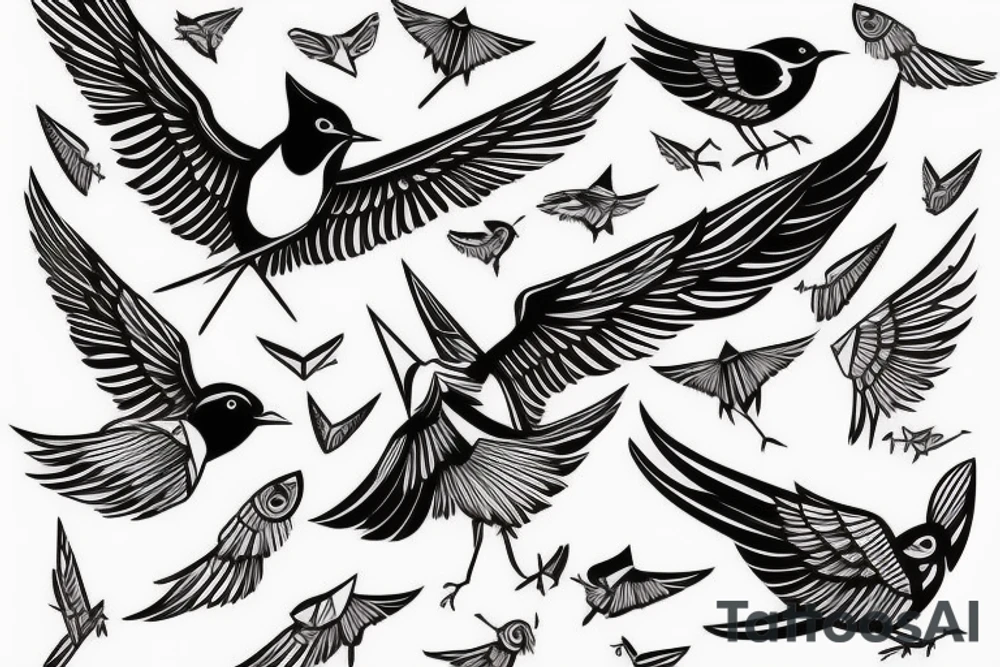 sketch geometric style robin bird mid-flight with spread wings, dynamic, small amount of red accent tattoo idea