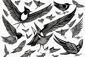 sketch geometric style robin bird mid-flight with spread wings, dynamic, small amount of red accent tattoo idea