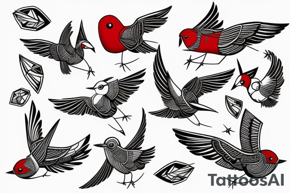 sketch geometric style robin bird mid-flight with spread wings, dynamic, small amount of red accent tattoo idea