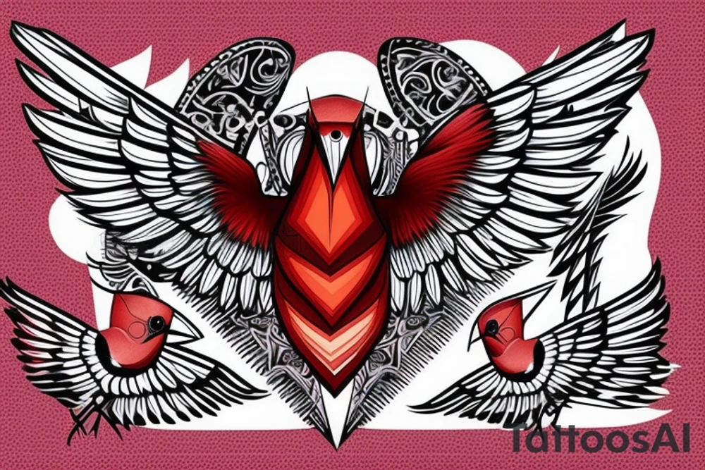 sketch geometric style robin bird mid-flight with spread wings, dynamic, small amount of red accent tattoo idea