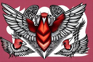 sketch geometric style robin bird mid-flight with spread wings, dynamic, small amount of red accent tattoo idea