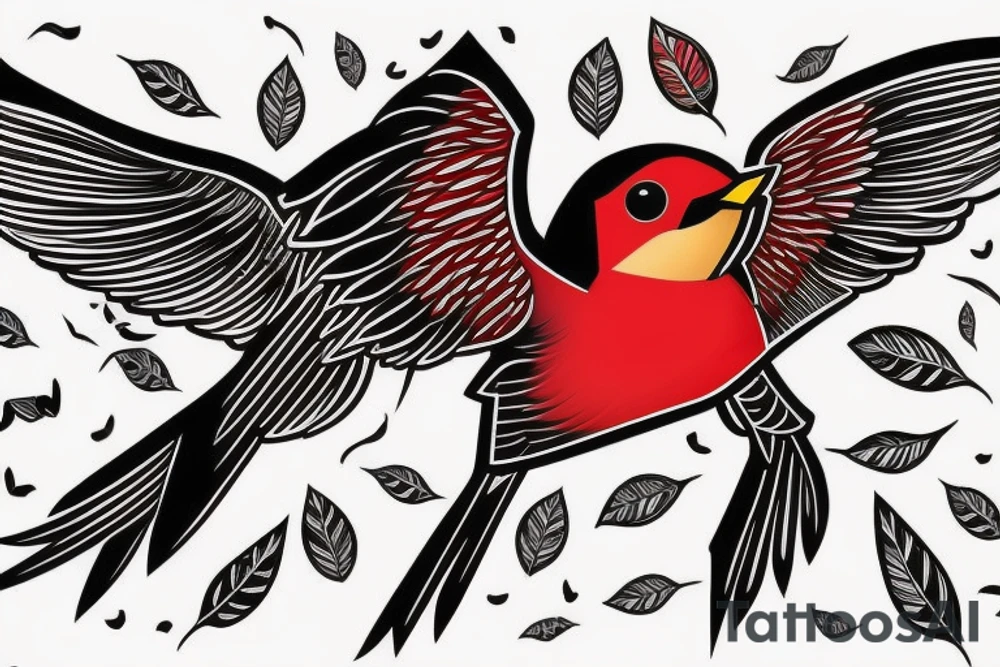 sketch geometric style robin bird mid-flight with spread wings, dynamic, small amount of red accent tattoo idea