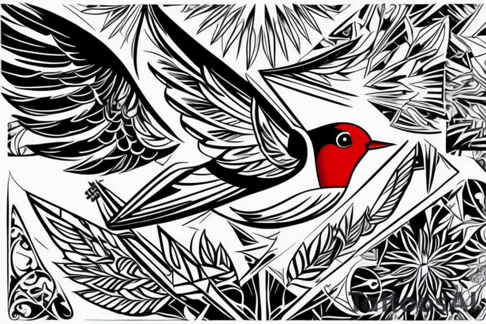 sketch geometric style robin bird mid-flight with spread wings, dynamic, small amount of red accent tattoo idea