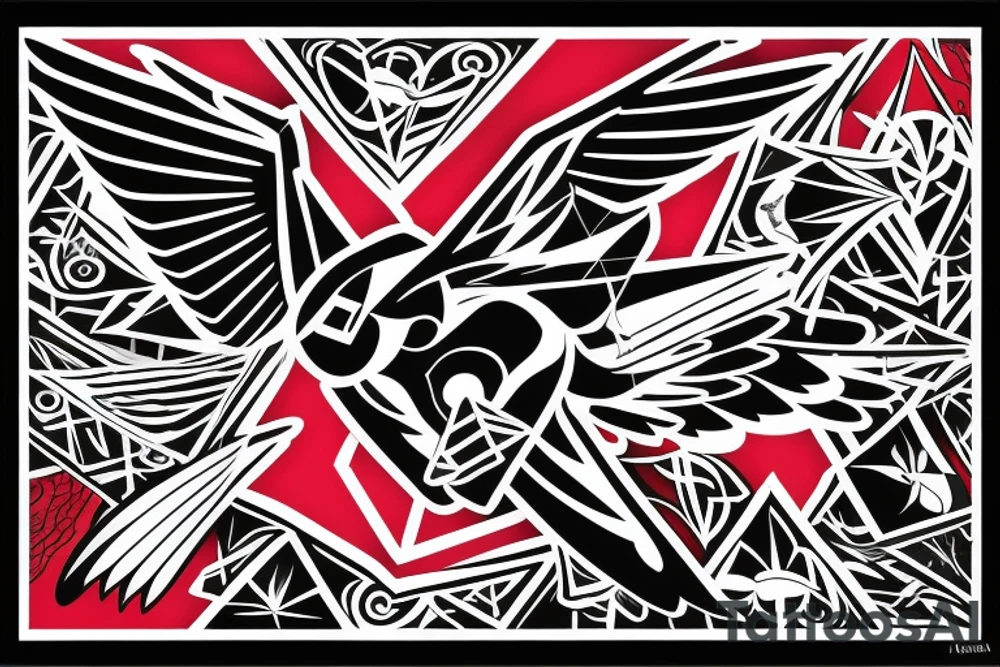sketch geometric style robin bird mid-flight with spread wings, dynamic, small amount of red accent tattoo idea