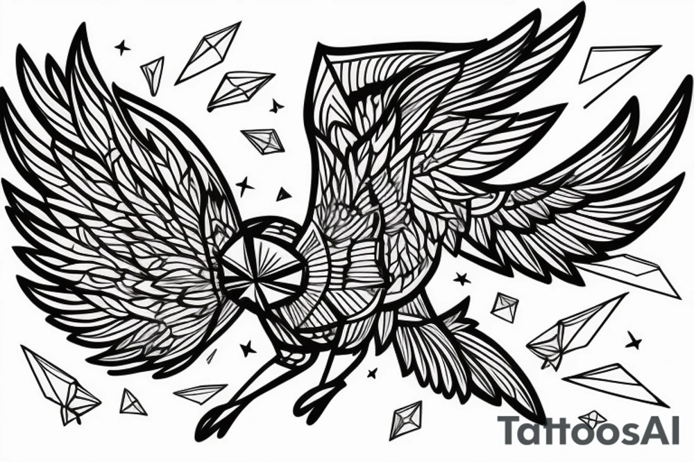 sketch geometric style robin bird mid-flight with spread wings, dynamic, small amount of red accent tattoo idea