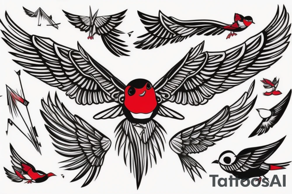 sketch geometric style robin bird mid-flight with spread wings, dynamic, small amount of red accent tattoo idea