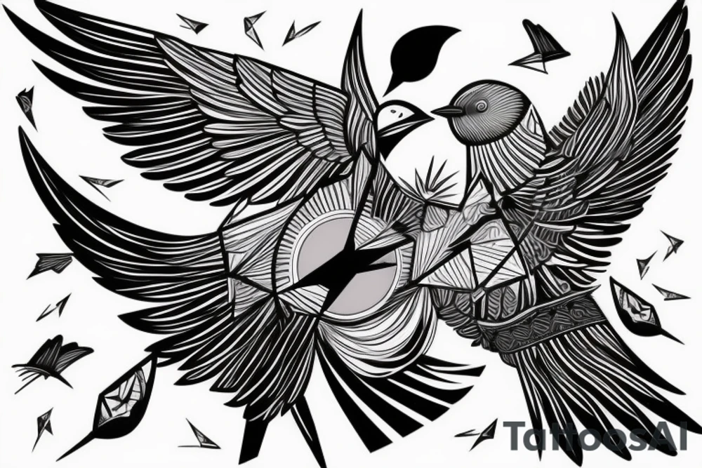 sketch geometric style robin bird mid-flight with spread wings, dynamic, small amount of red accent tattoo idea