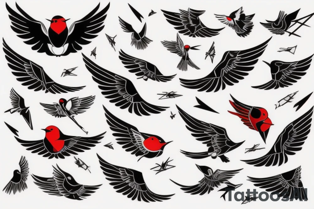 sketch geometric style robin bird mid-flight with spread wings, dynamic, small amount of red accent tattoo idea